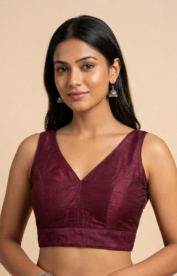 Women's Raw Silk Sleeveless Blouse - Deep V-Neck Saree blouse Wine