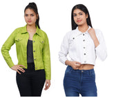 Full Sleeve Perrot Green And White Solid Women Jacket XXXL