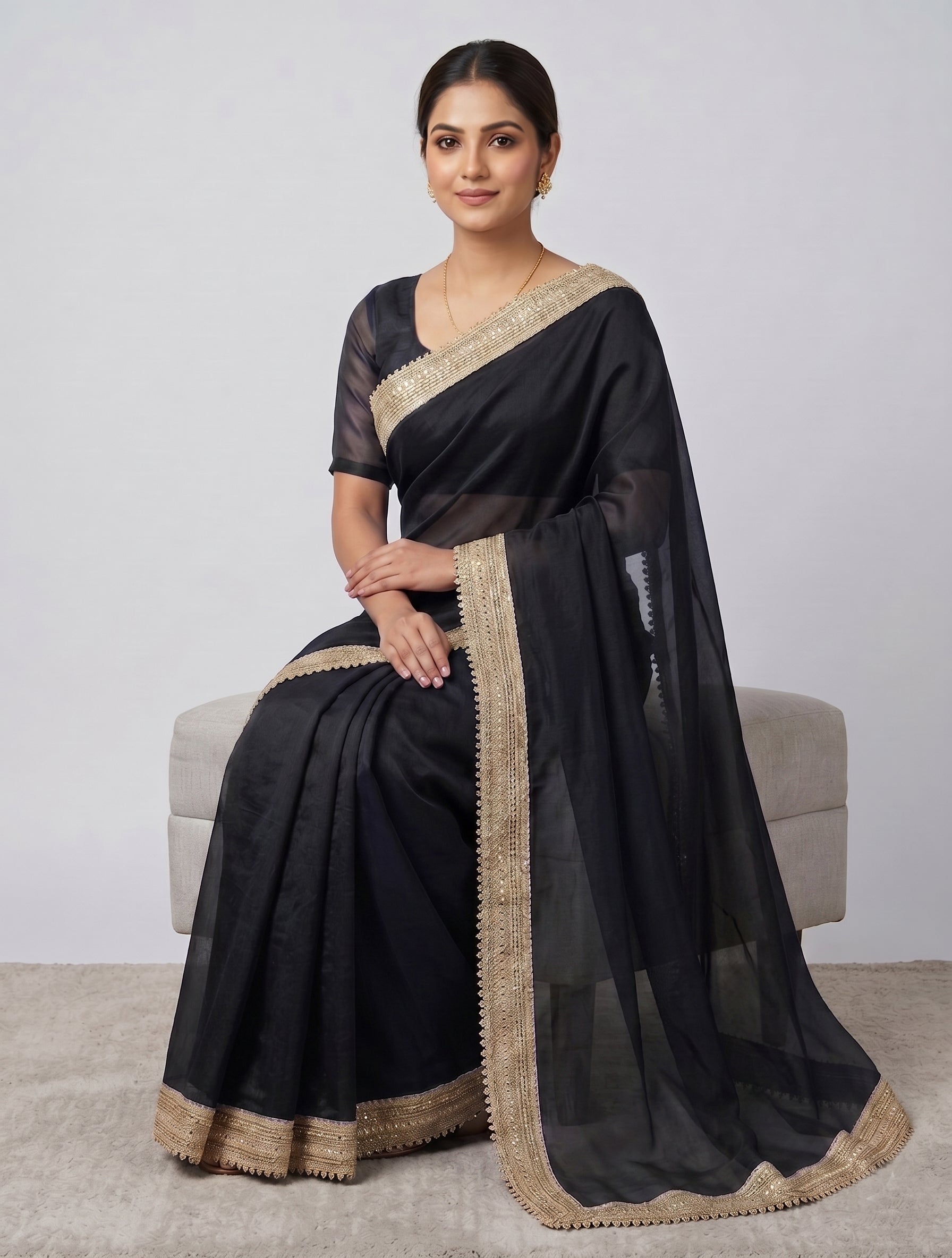 Women's Black Saree with Premium Golden Lace Border | Party Wear & Festive Saree