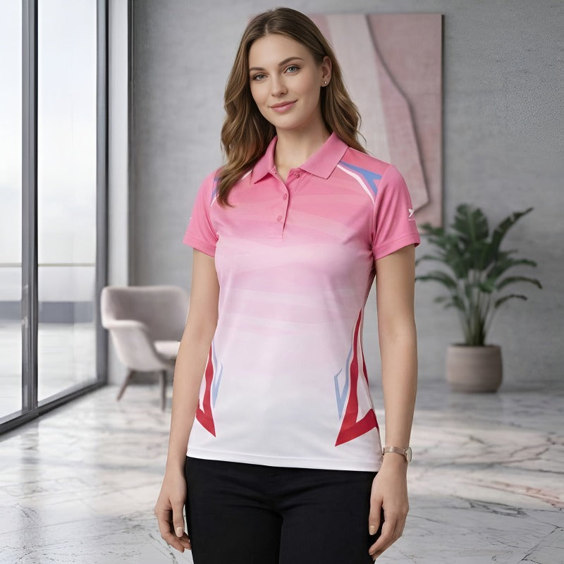 Shiv Naresh Women's Premium Dry-Fit Sports Polo T-Shirt – Pink & White Sublimation Print