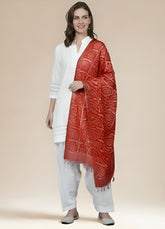 Traditional Red & Gold Bandhani Print Cotton Blend Dupatta with Tassel Fringe