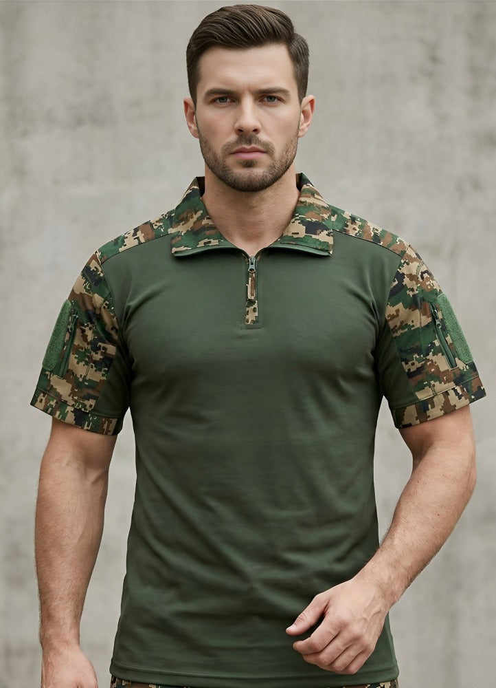 Men’s Tactical Military Half Sleeve T-Shirt | Army Green Camouflage Shoulder | Zipper Neck | Outdoor & Casual Wear Camouflage