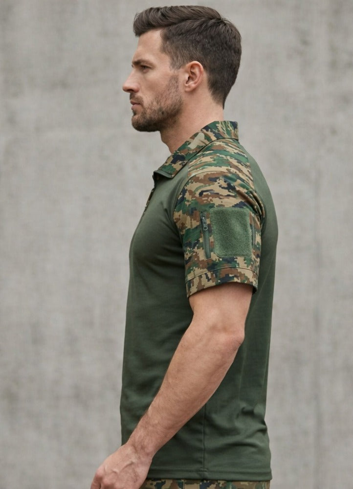Men’s Tactical Military Half Sleeve T-Shirt | Army Green Camouflage Shoulder | Zipper Neck | Outdoor & Casual Wear