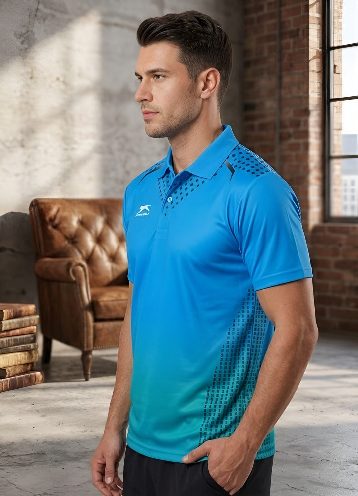 Shiv Naresh Men's Performance Polo – Sky Blue & Teal Geometric Print