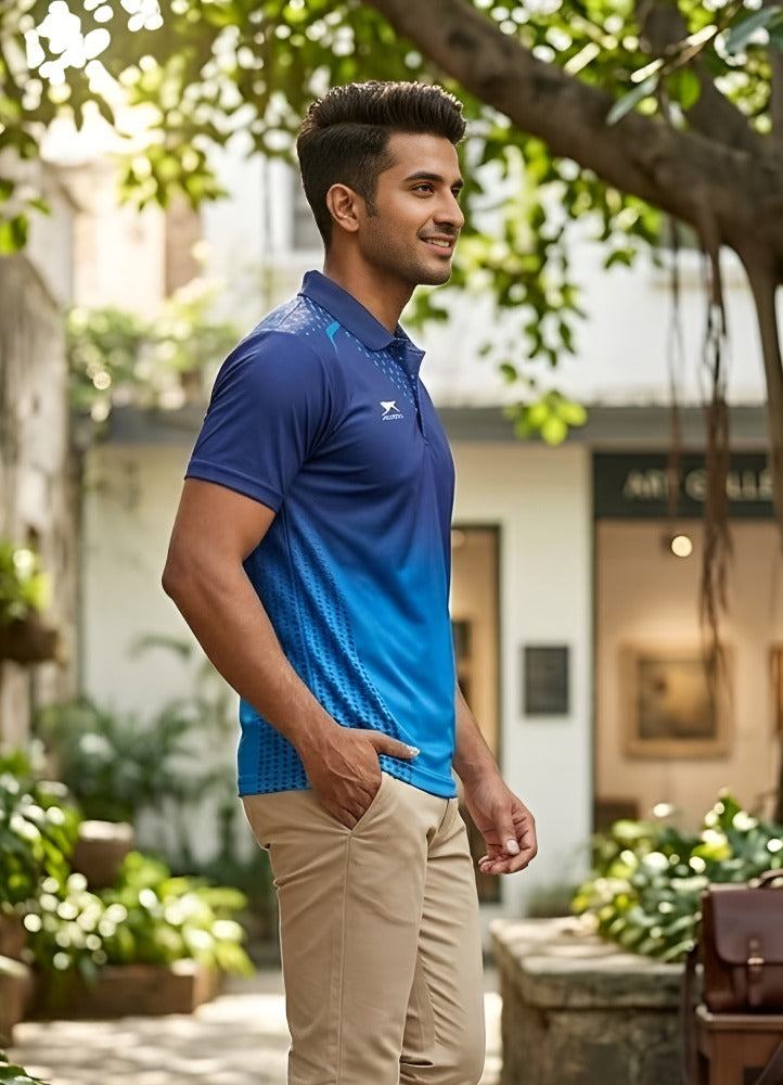 Shiv Naresh Men's Performance Polo – Royal Blue & Navy Geometric Print