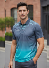 Shiv Naresh Men’s Performance Polo – Teal & Grey Geometric Print