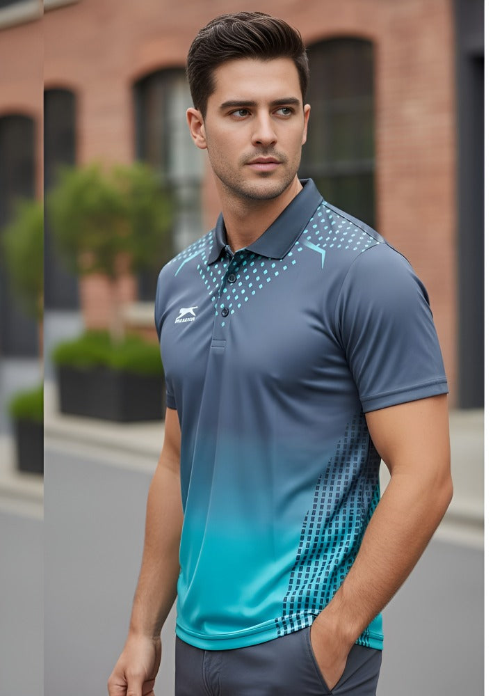 Shiv Naresh Men’s Performance Polo – Teal & Grey Geometric Print