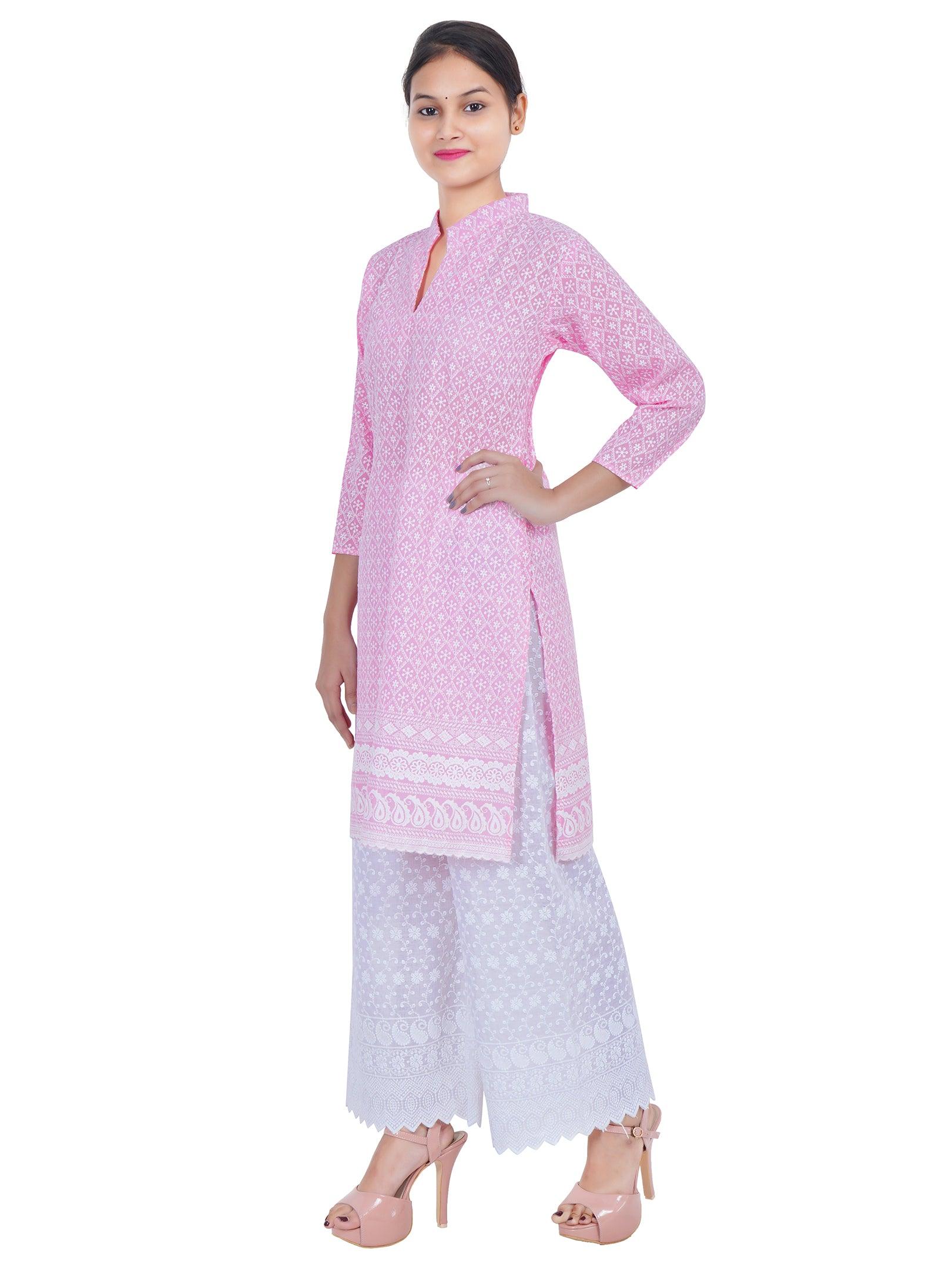Women Pink Chicken Embroidered Straight Kurta