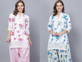 Pack of 2 Set Women Floral Print Cotton Blend Straight Kurta (Pink, Blue) XXXL