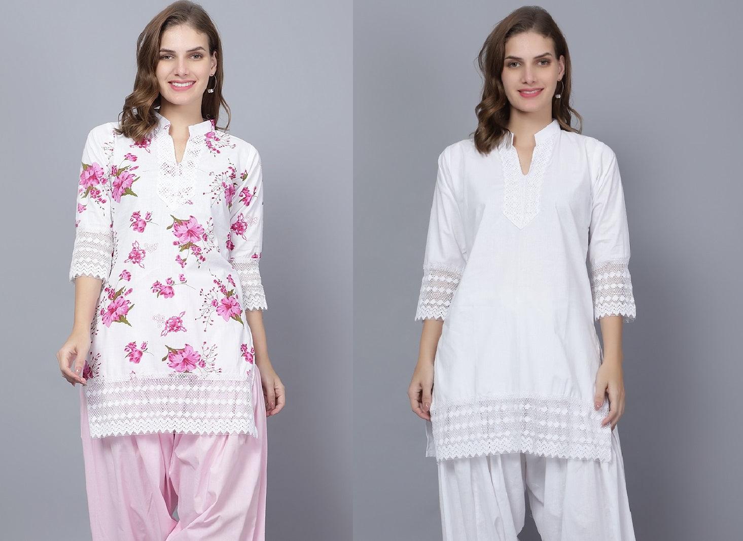 Pack of 2 Set Women Floral Print Cotton Blend Straight Kurta (Pink, White) XXXL