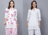 Pack of 2 Set Women Floral Print Cotton Blend Straight Kurta (Pink, White) XXXL