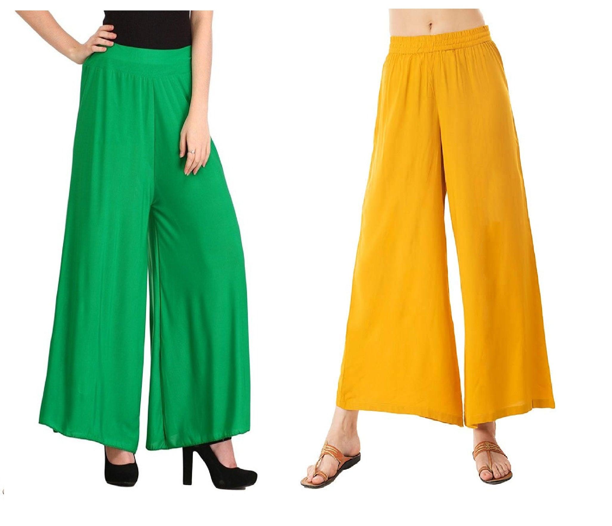 Woman's Rayon Green And Yellow Plain Palazzo Default Title
