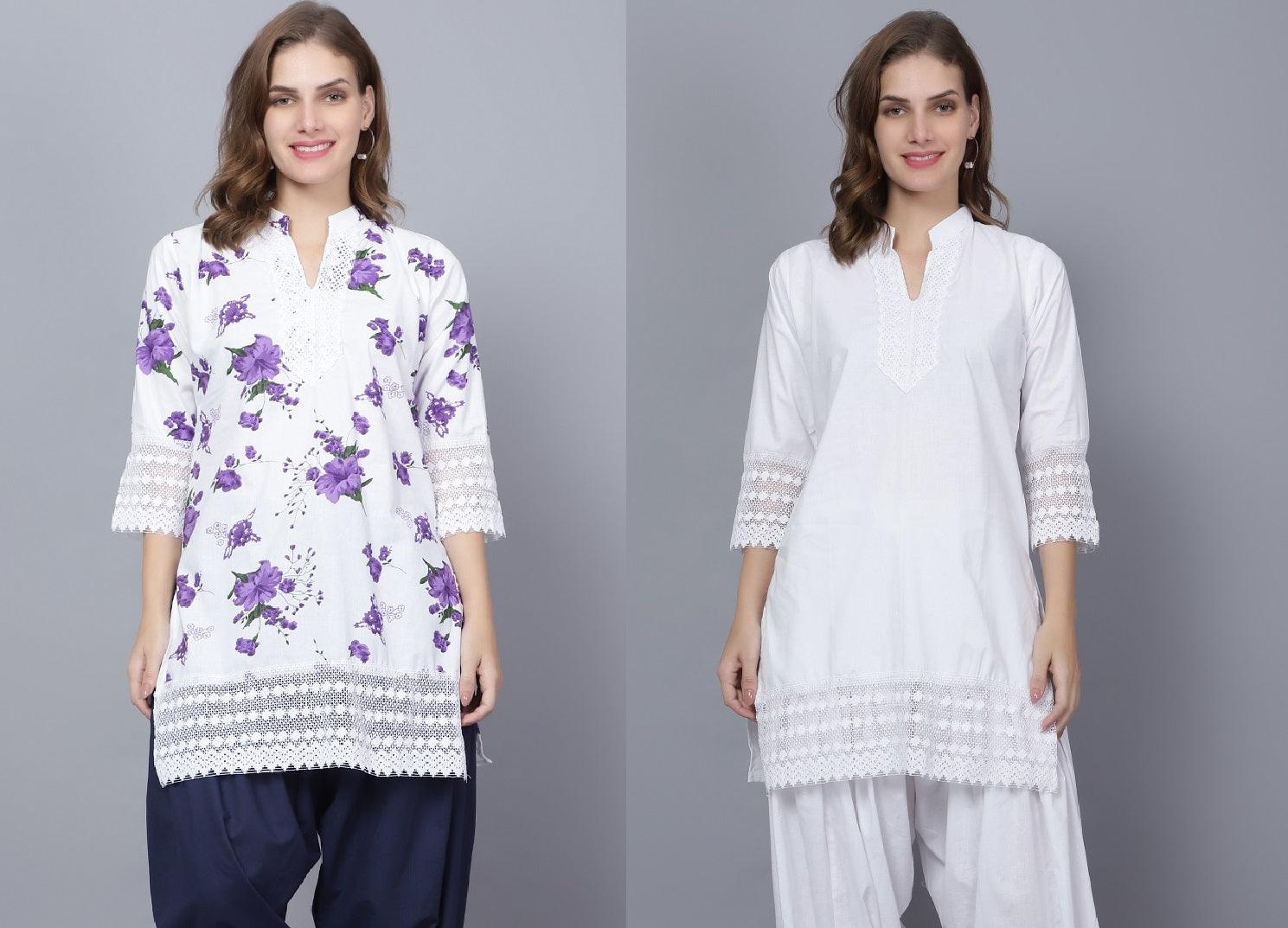Pack of 2 Women Floral Print Cotton Blend Straight Kurta (Purple, White) XXXL
