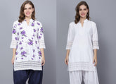 Pack of 2 Women Floral Print Cotton Blend Straight Kurta (Purple, White) XXXL