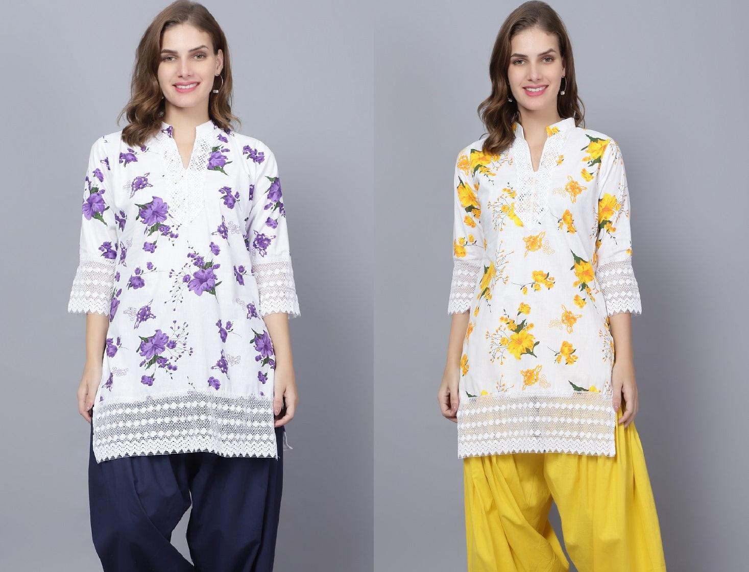 Pack of 2 Set Women Floral Print Cotton Blend Straight Kurta (Purple, Yellow) XXXL