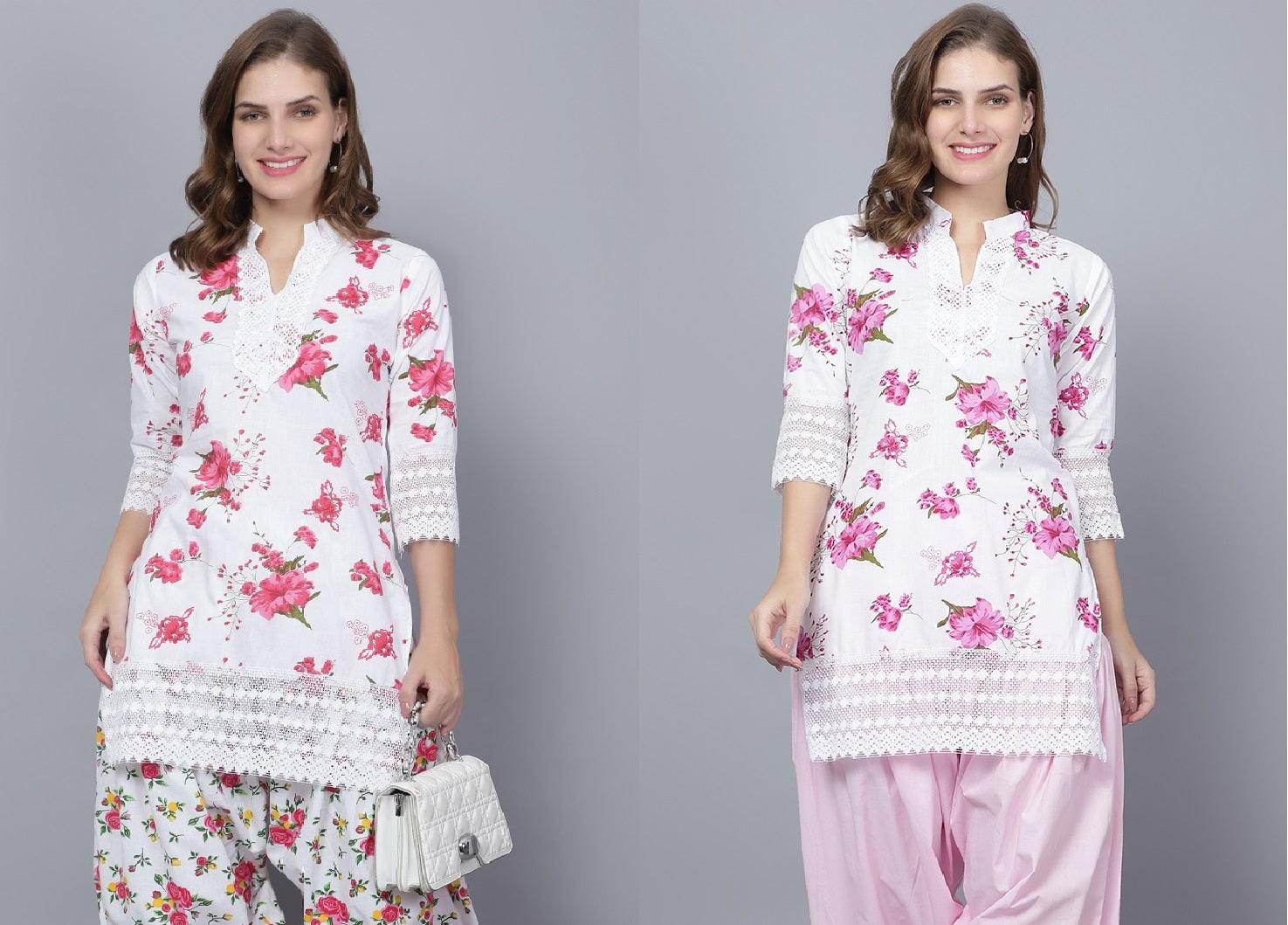 Pack of 2 Women Floral Print Cotton Blend Straight Kurta (Red, Pink) XXXL