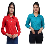 Full Sleeve Red And Sky Blue Solid Women Jacket XXXL