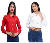 Full Sleeve Red And White Solid Women Jacket XXXL