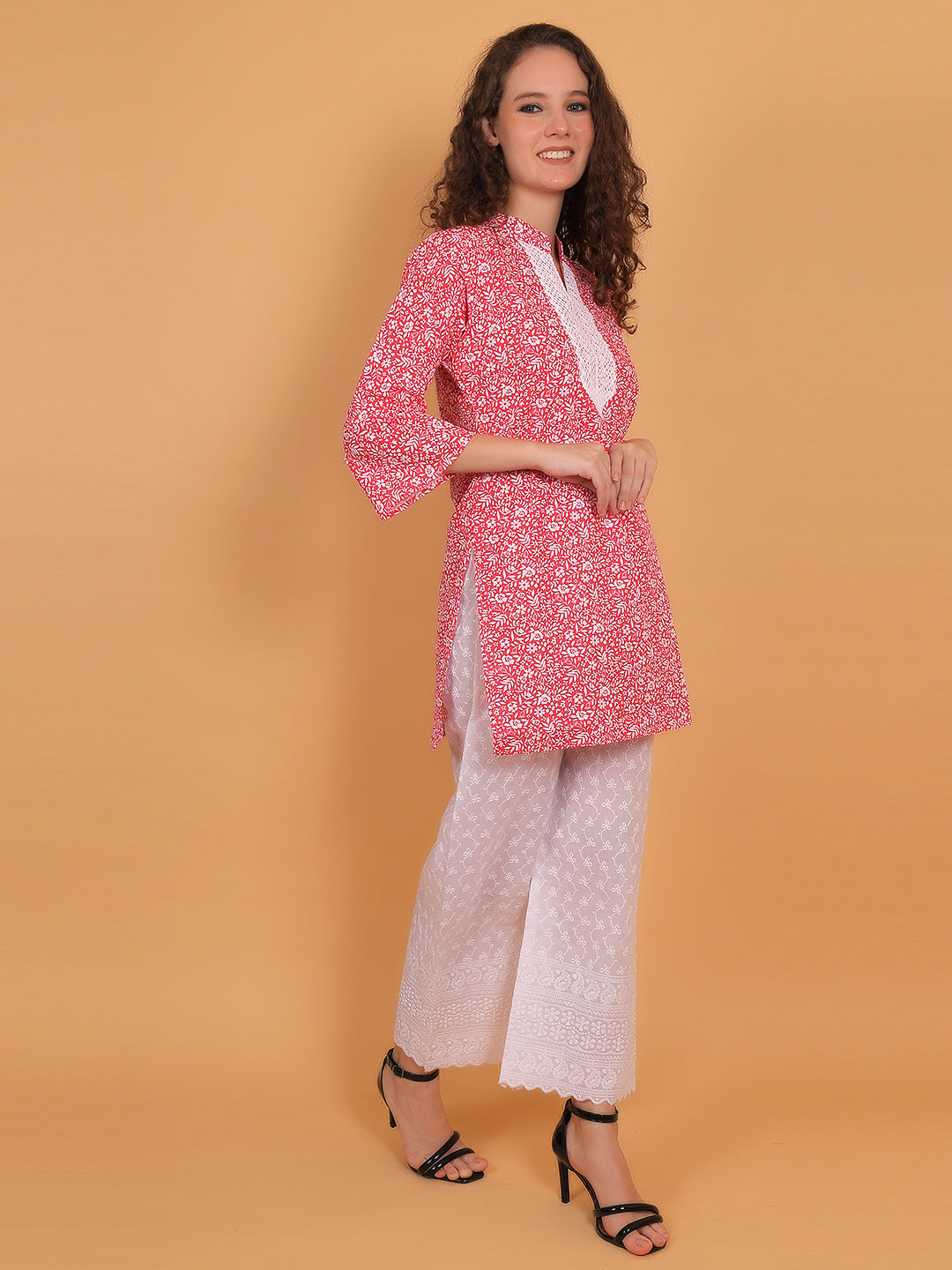 Women Red Floral Printed Cotton Kurta with White Chikankari Embroidered Palazzo