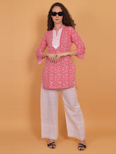 Women Red Floral Printed Cotton Kurta with White Chikankari Embroidered Palazzo