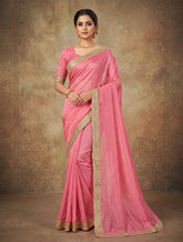 Pink Plain Saree with Golden Lace Border | Elegant Party Wear Saree for Women