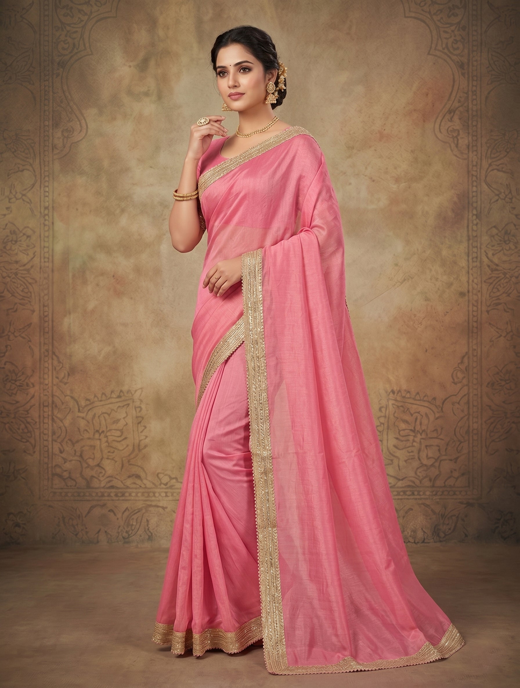 Indian women's fandy Saree - Festive Party Wear Saree with Lace Border
