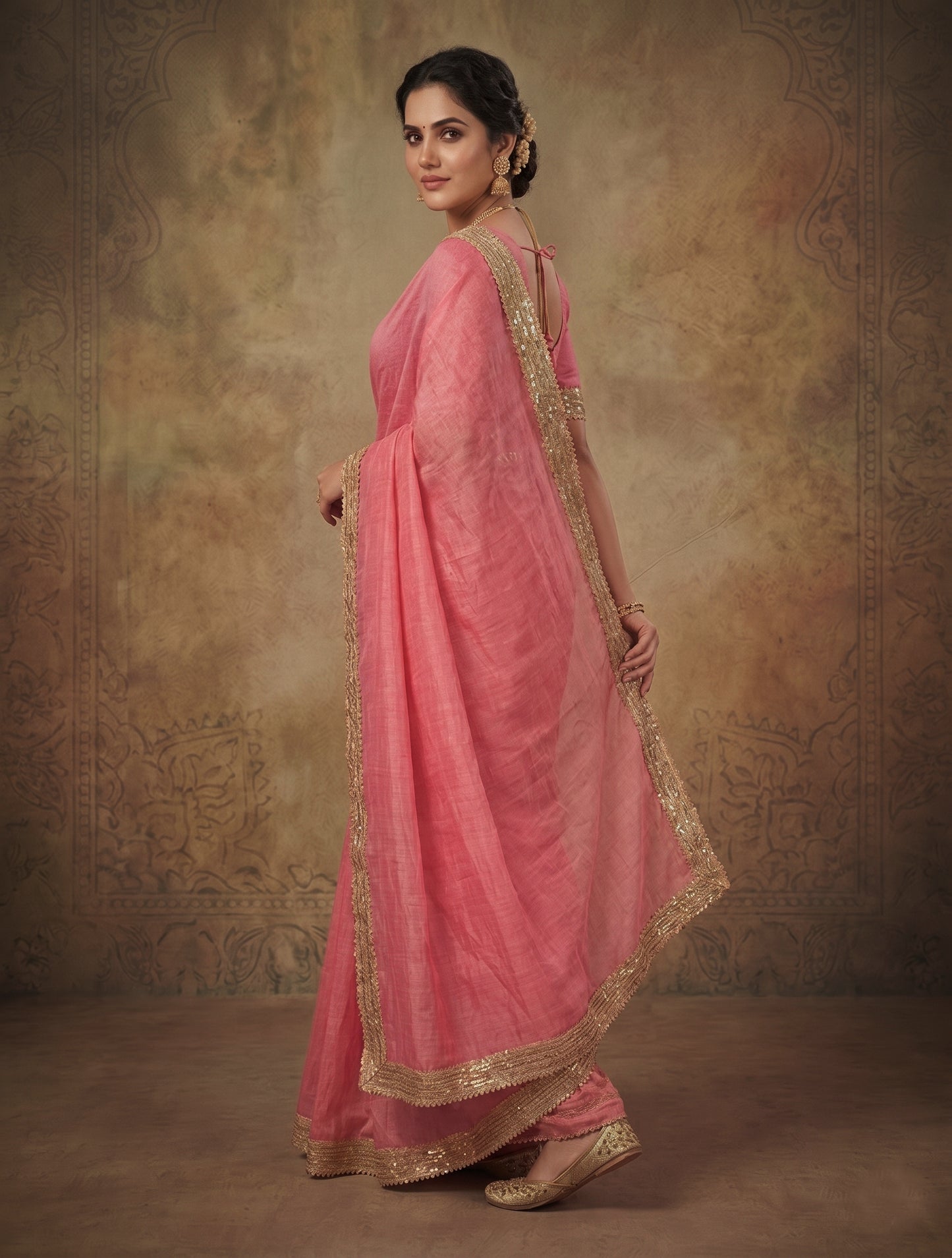 Pink Plain Saree with Golden Lace Border | Elegant Party Wear Saree for Women