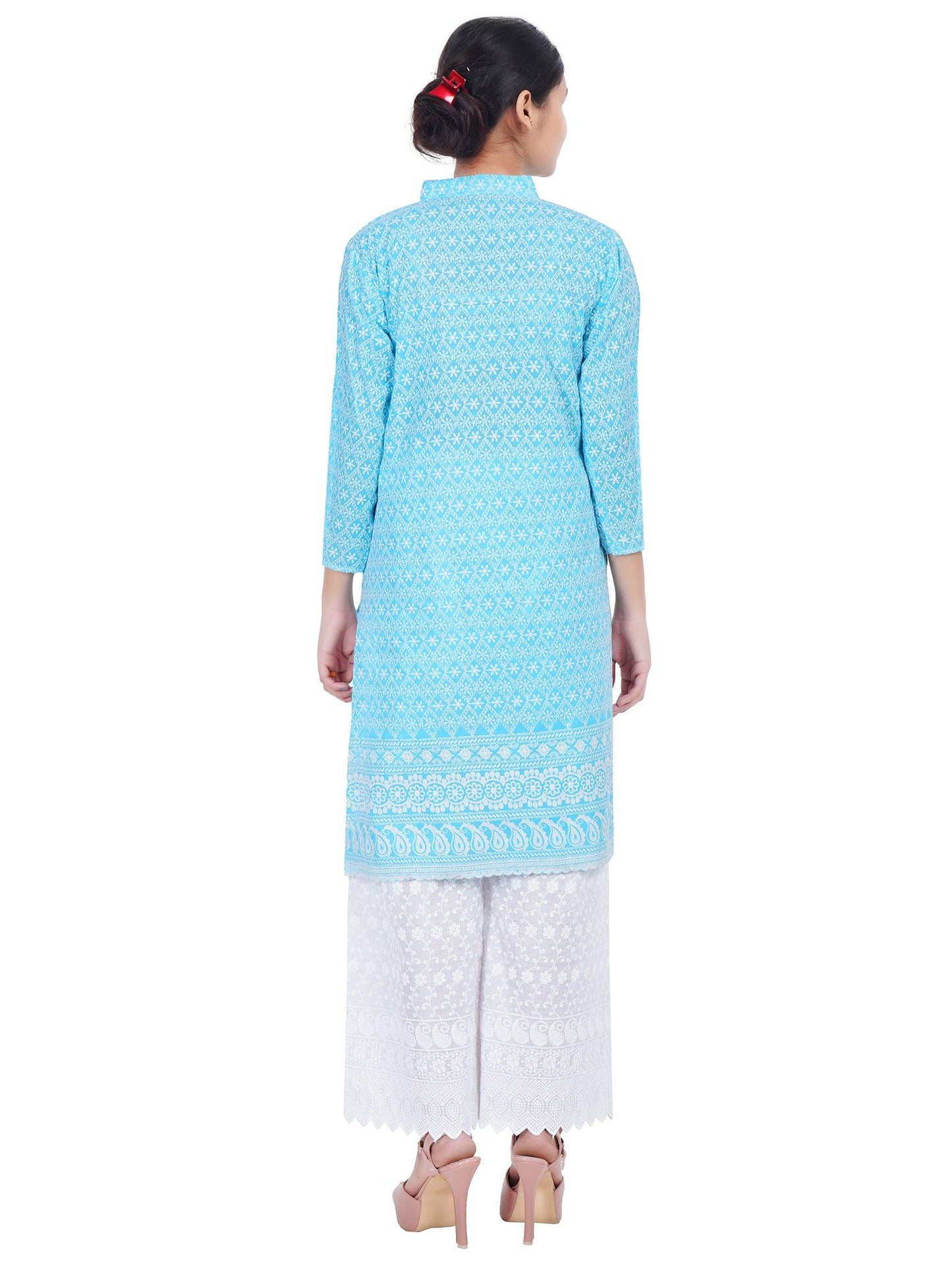 Trendzmy Women Sky Blue Chicken Embroidered Straight Kurta