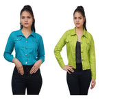 Full Sleeve Sky Blue And Perrot Green Solid Women Jacket XXXL