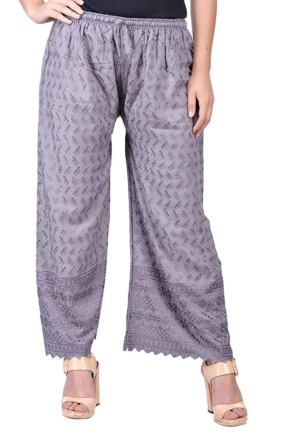 Singhania Woman's Cotton Full Chikan Palazzo Grey