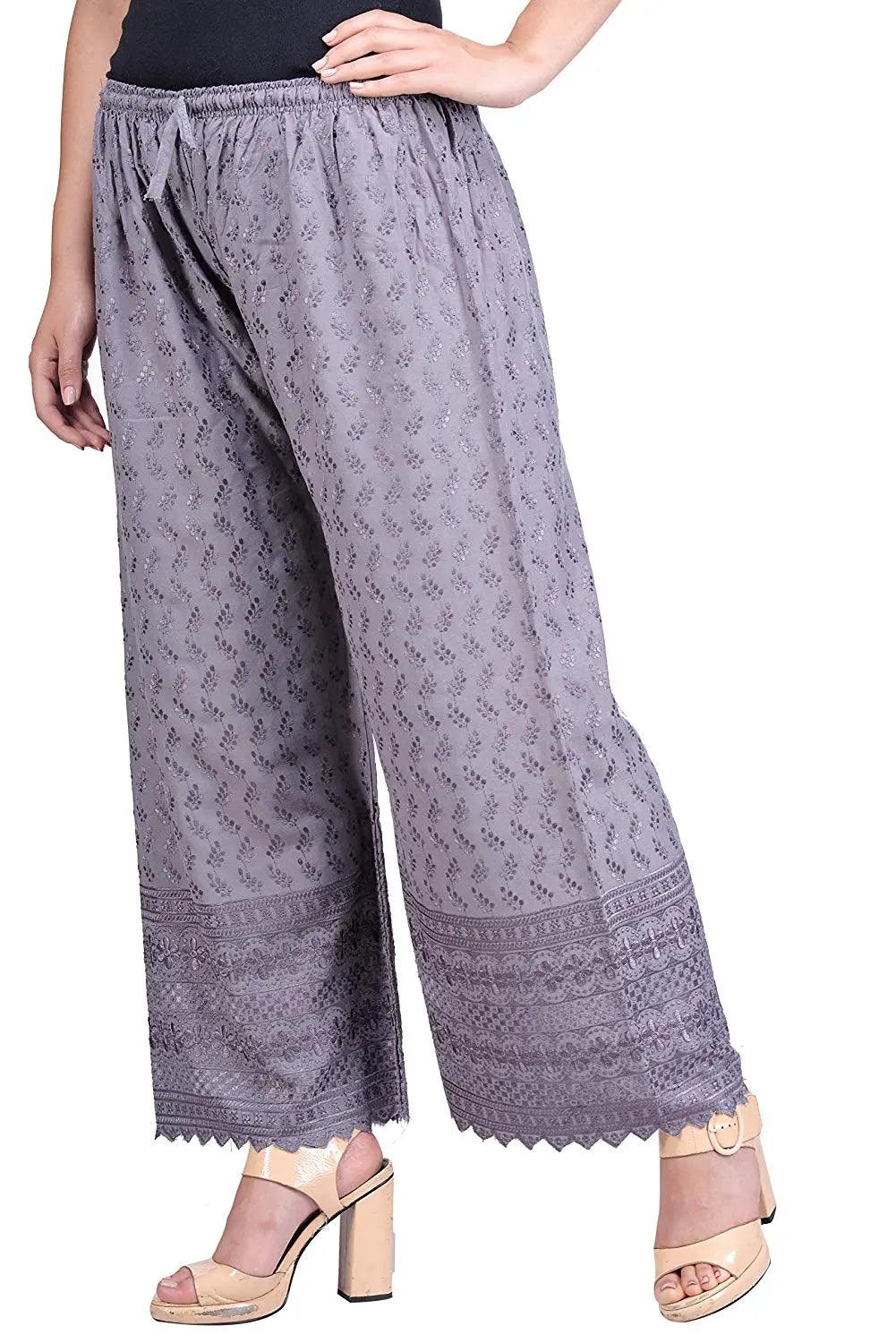 Woman's Cotton Full Chikan Palazzo Grey