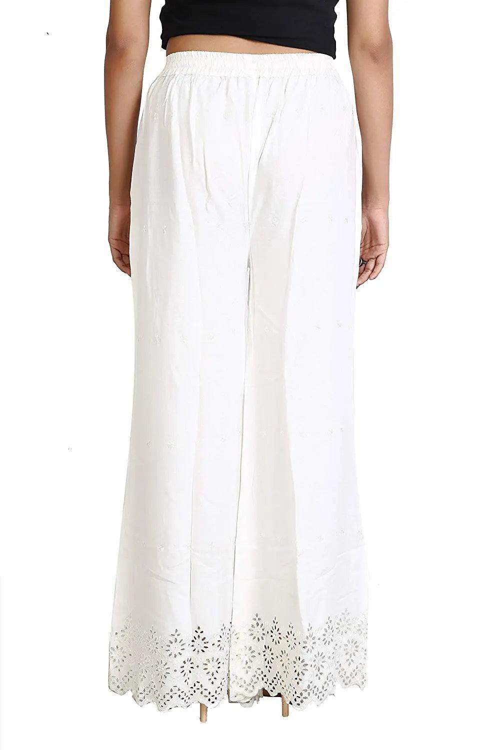 Woman's White Reyon Chiken Embroidery Plazzo