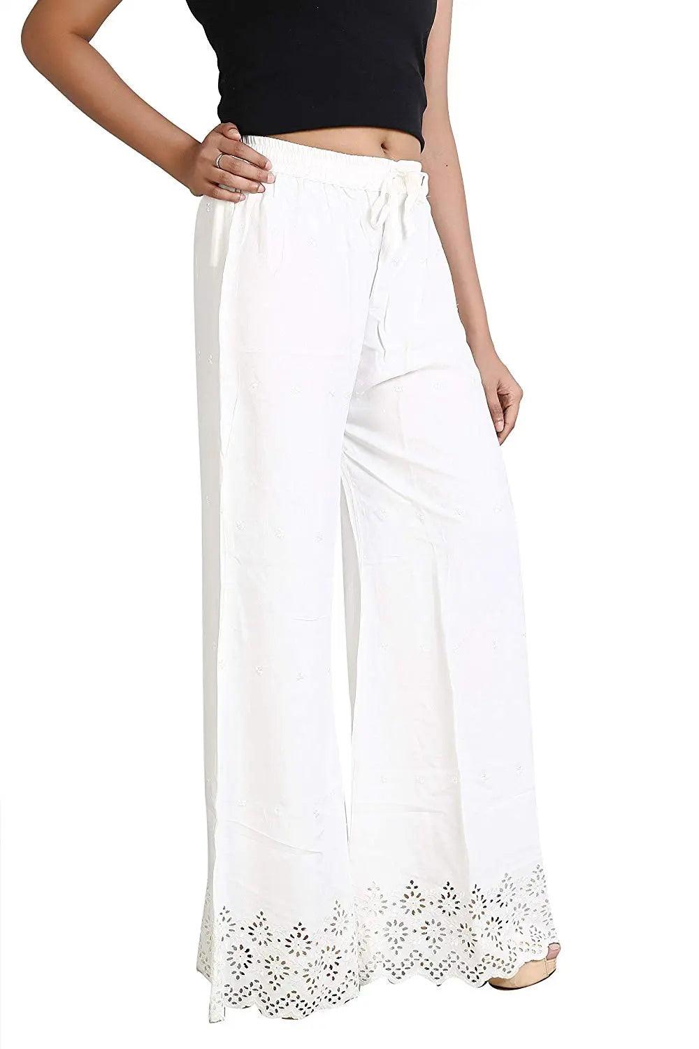 Woman's White Reyon Chiken Embroidery Plazzo