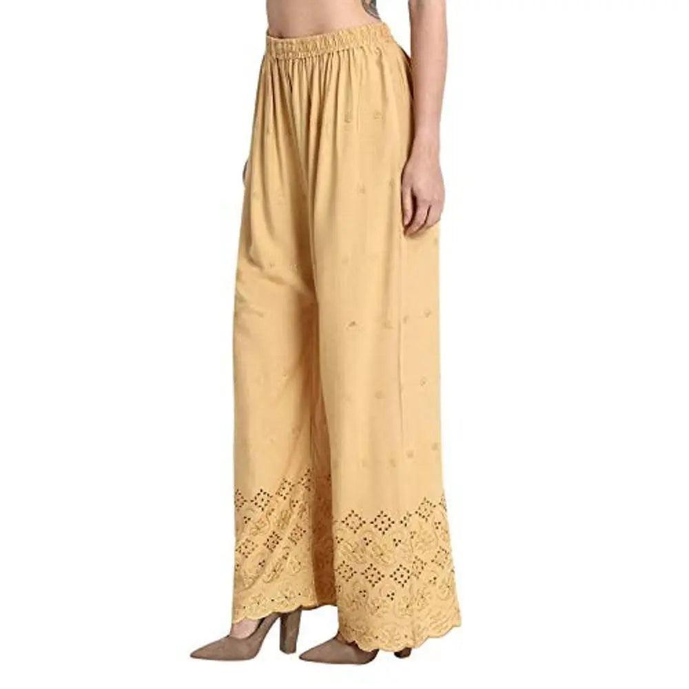 Singhania Woman's Beige Reyon Chiken Embroidery Plazzo