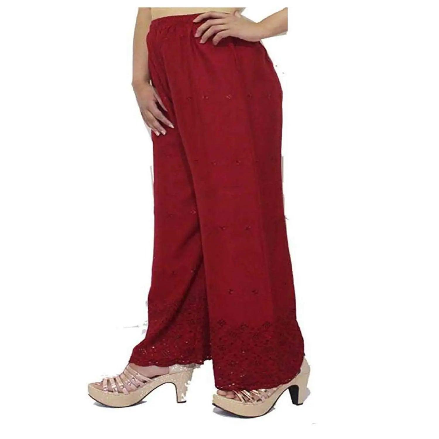 Woman's Maroon Reyon Chiken Embroidery Plazzo