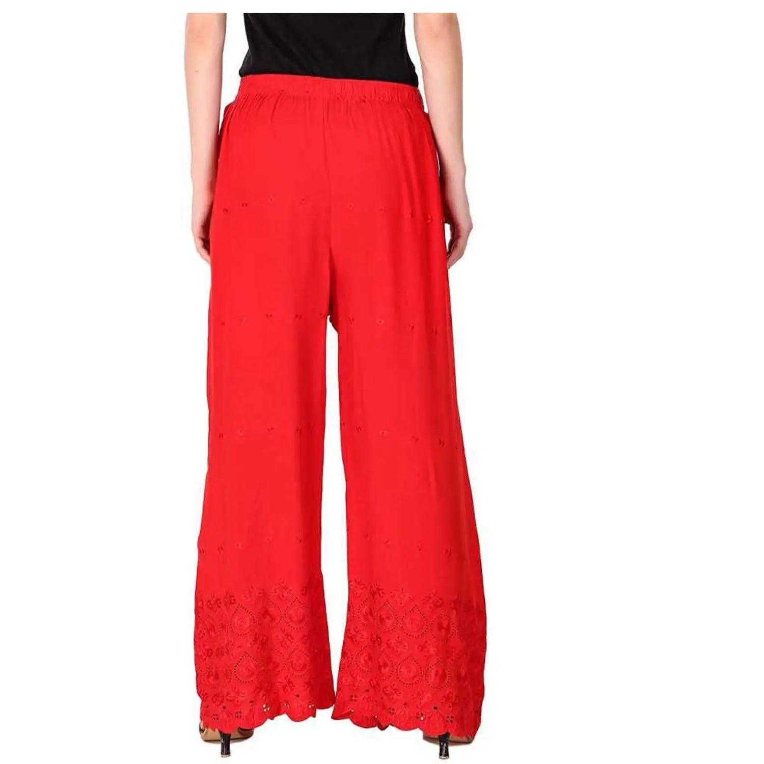 Woman's Red Reyon Chiken Embroidery Plazzo