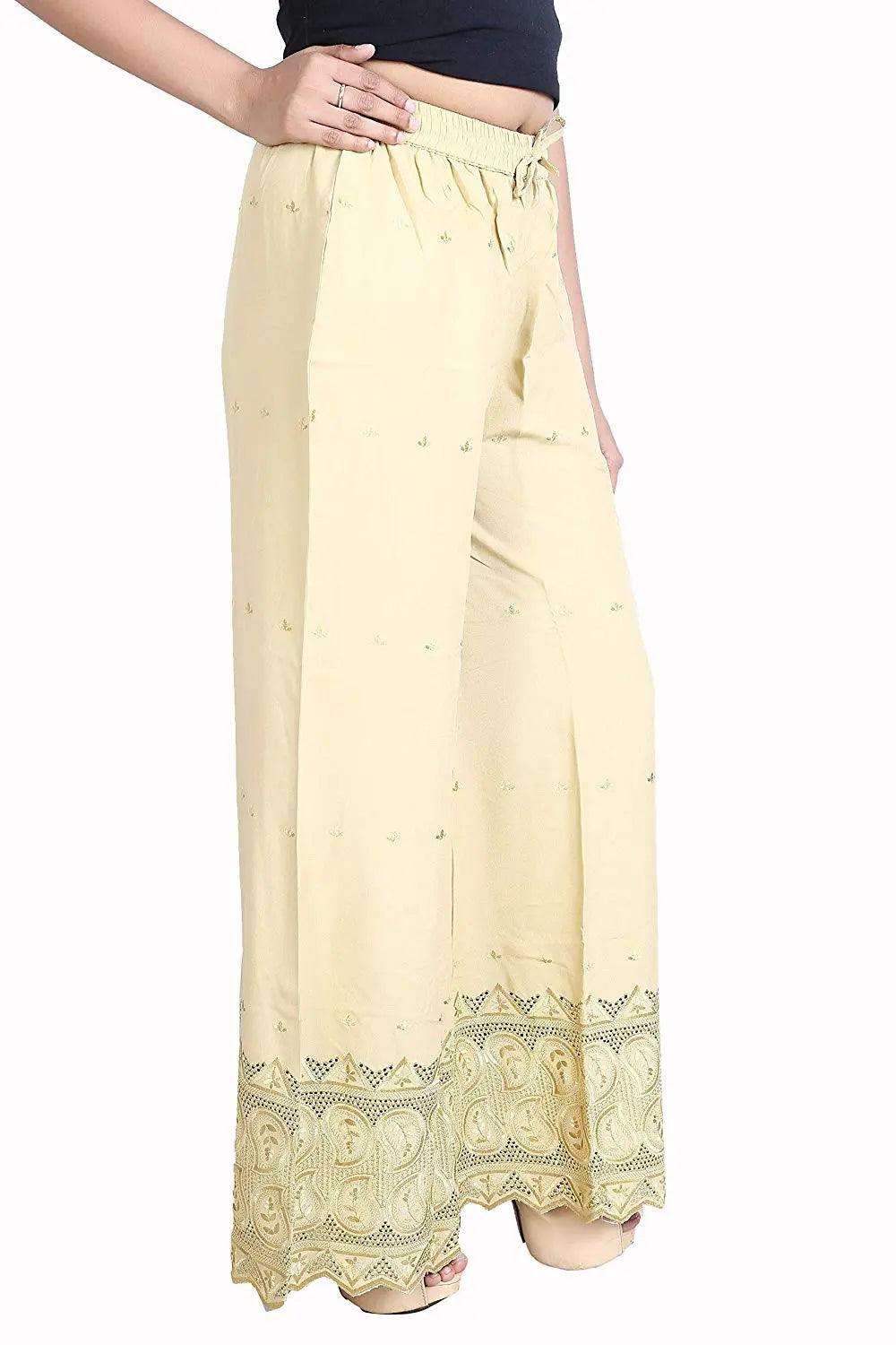 Woman's Cream Reyon Chiken Embroidery Plazzo