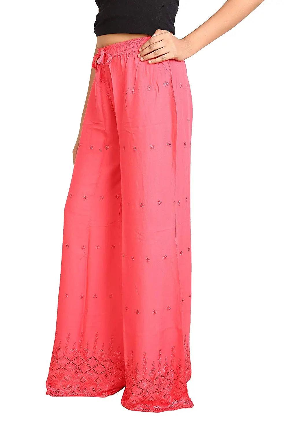Woman's Gajri Pink Reyon Chiken Embroidery Plazzo