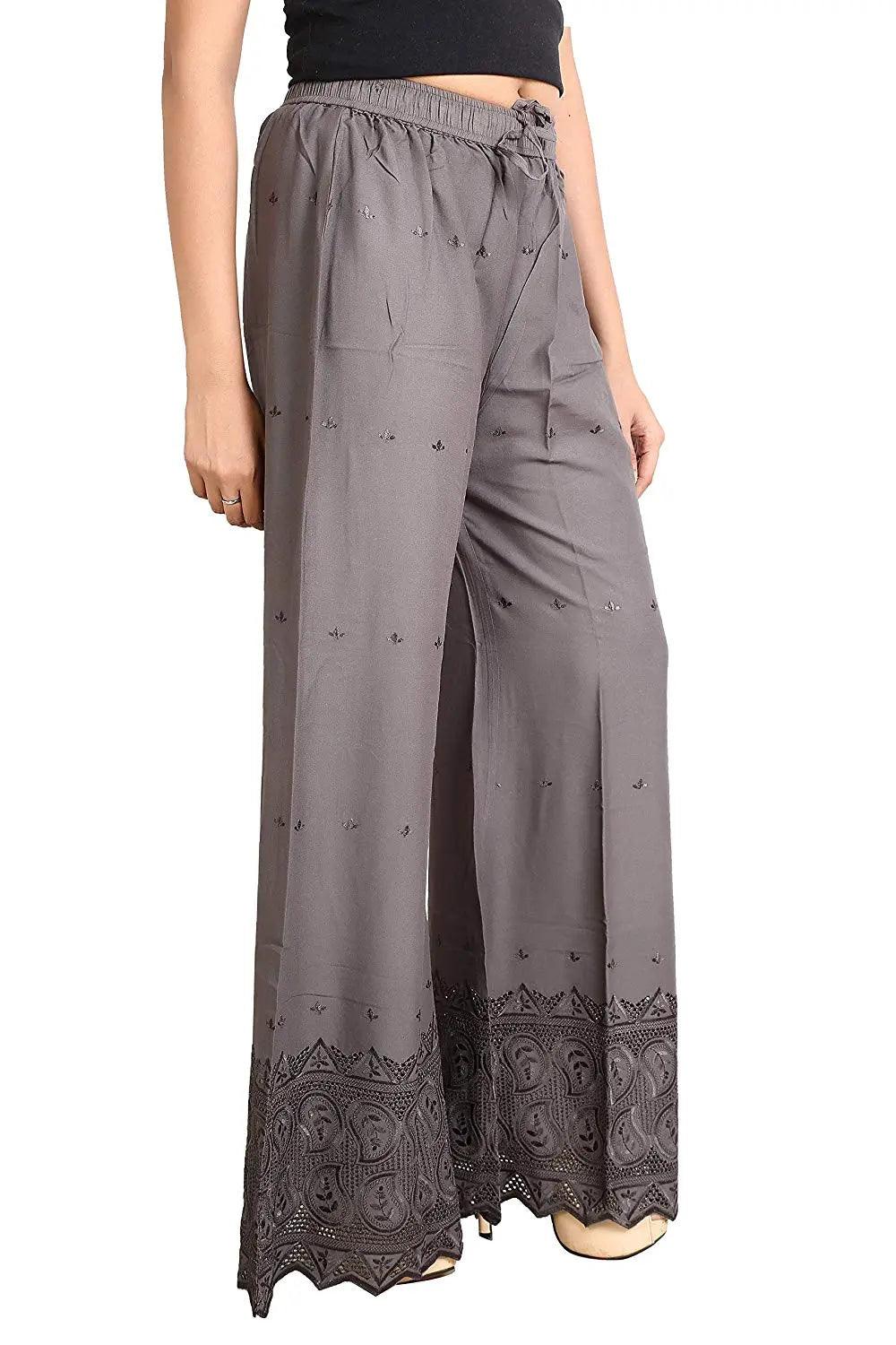 Woman's Grey Reyon Chiken Embroidery Plazzo