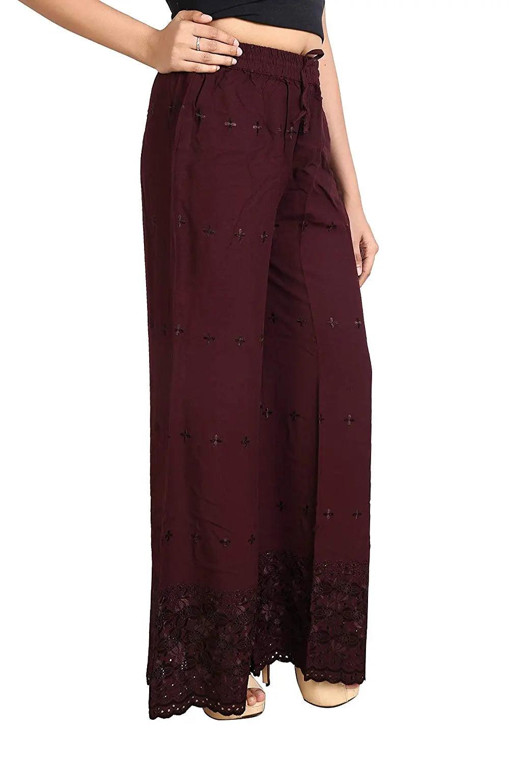 Woman's Brown Reyon Chiken Embroidery Plazzo