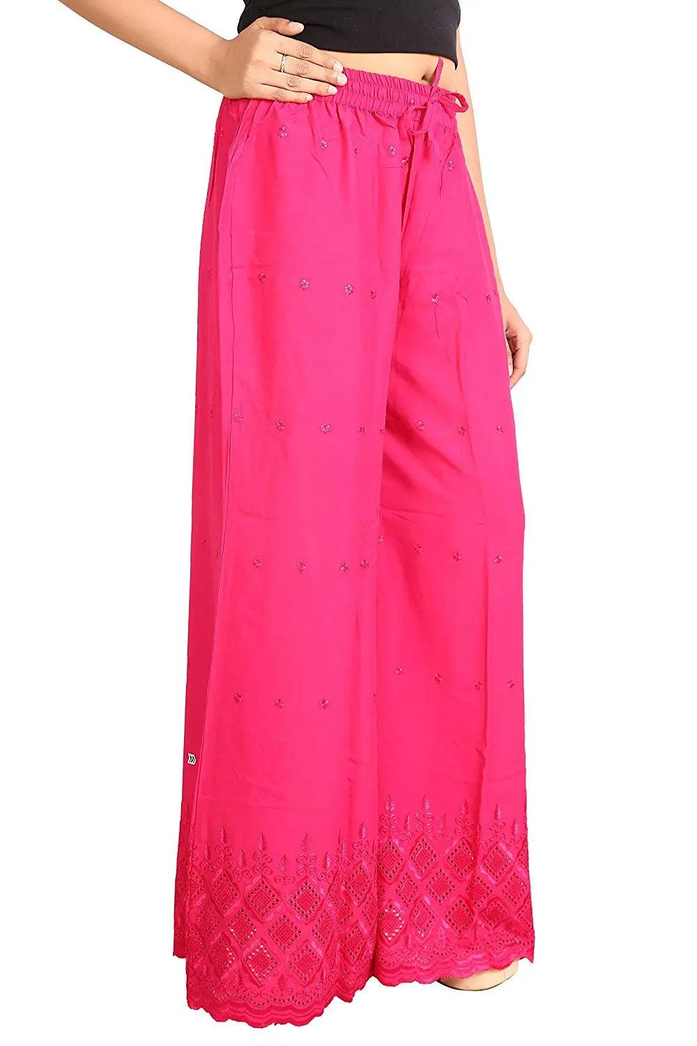 Singhania Woman's Pink Reyon Chiken Embroidery Plazzo