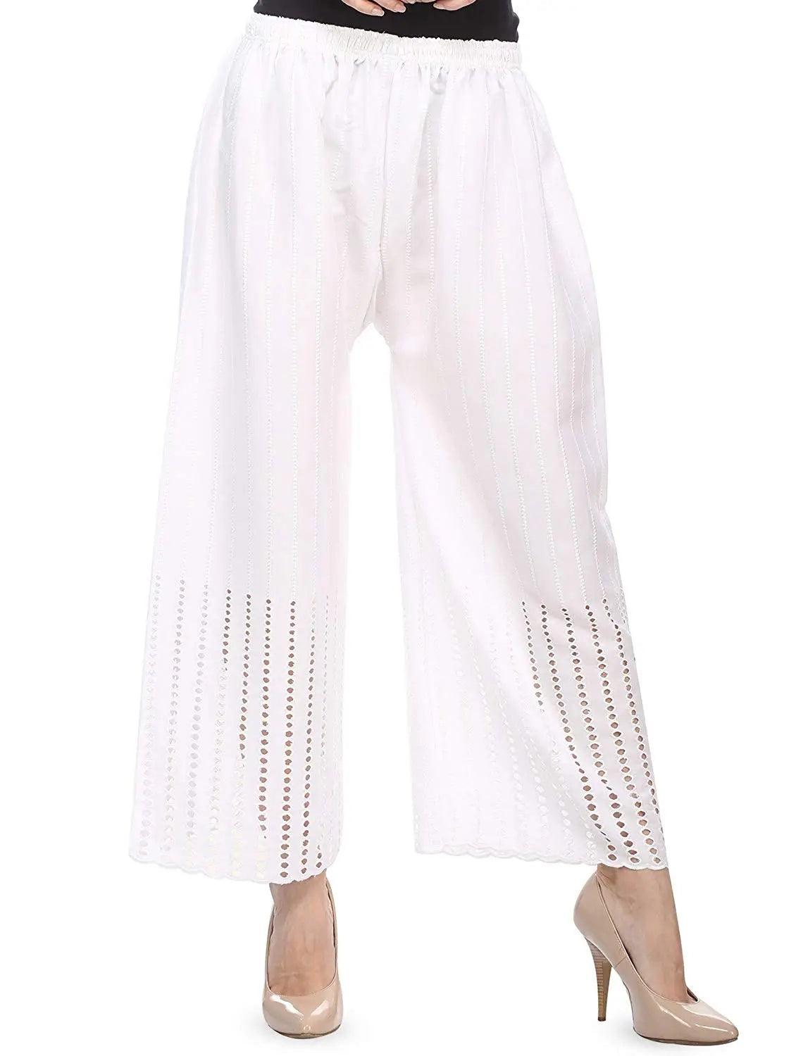 Singhania Women's White Chicken Rayon Palazzo Flaired Pants wrinkle free