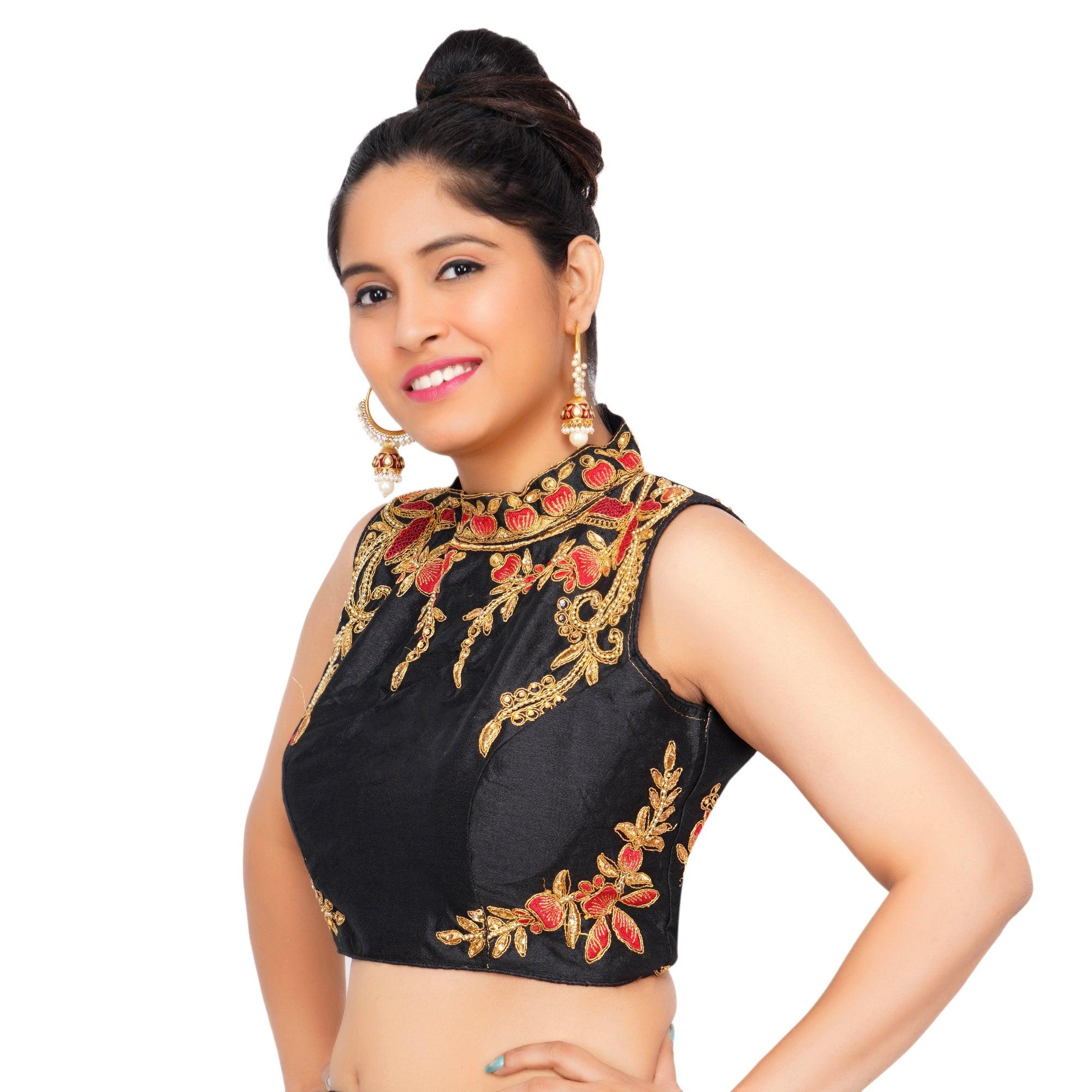 Band Collar Black Women Blouse