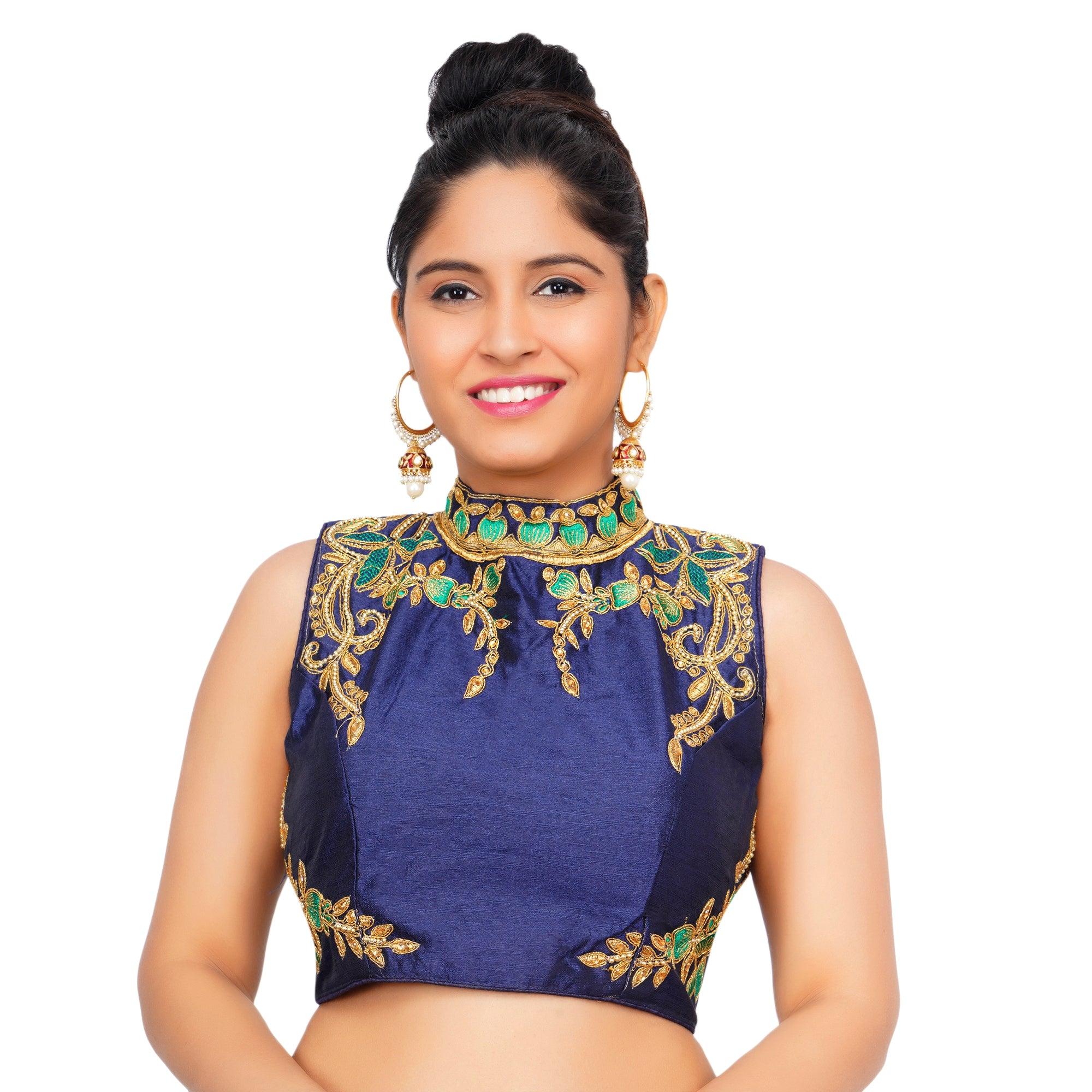 Band Collar Navy Blue Women Blouse Navy Blue