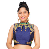 Band Collar Navy Blue Women Blouse Navy Blue