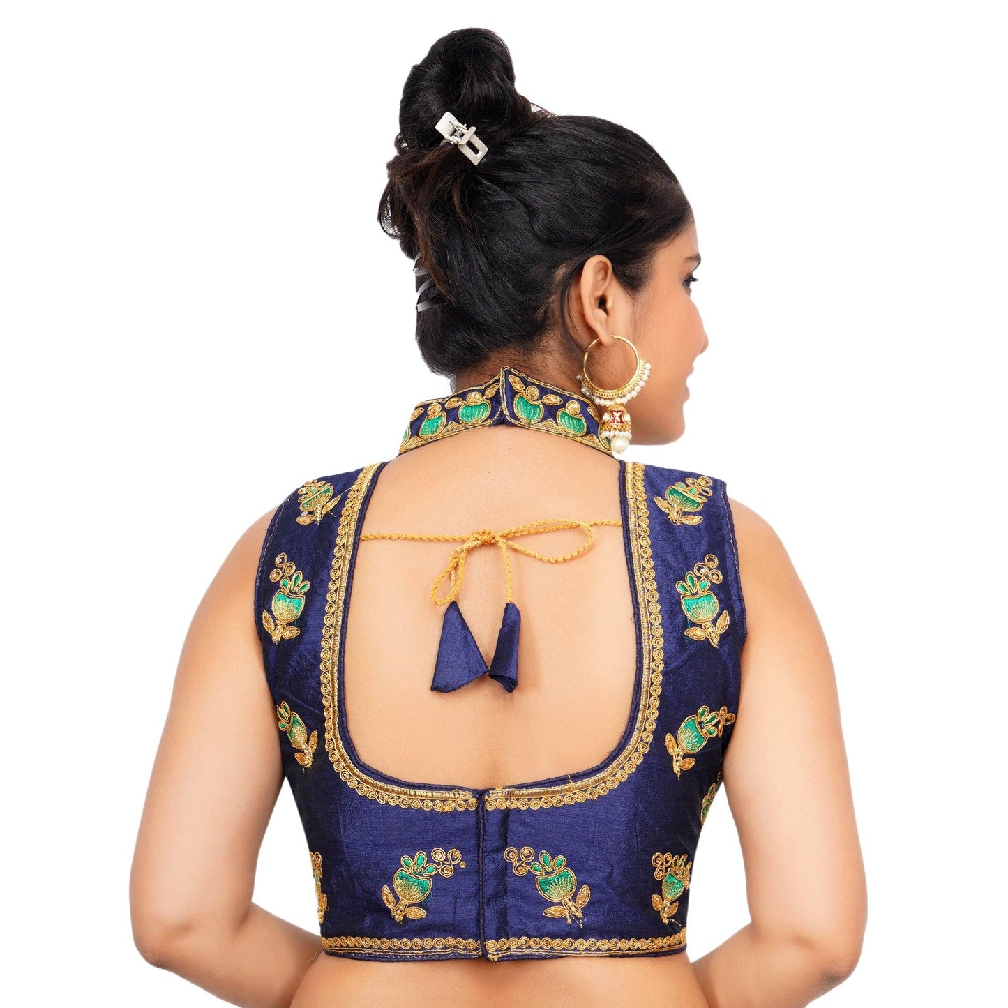 Trendzmy Band Collar Navy Blue Women Blouse