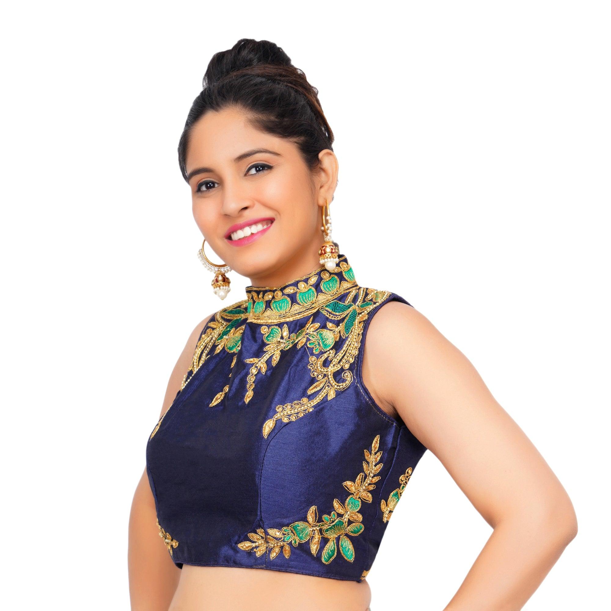 Band Collar Navy Blue Women Blouse