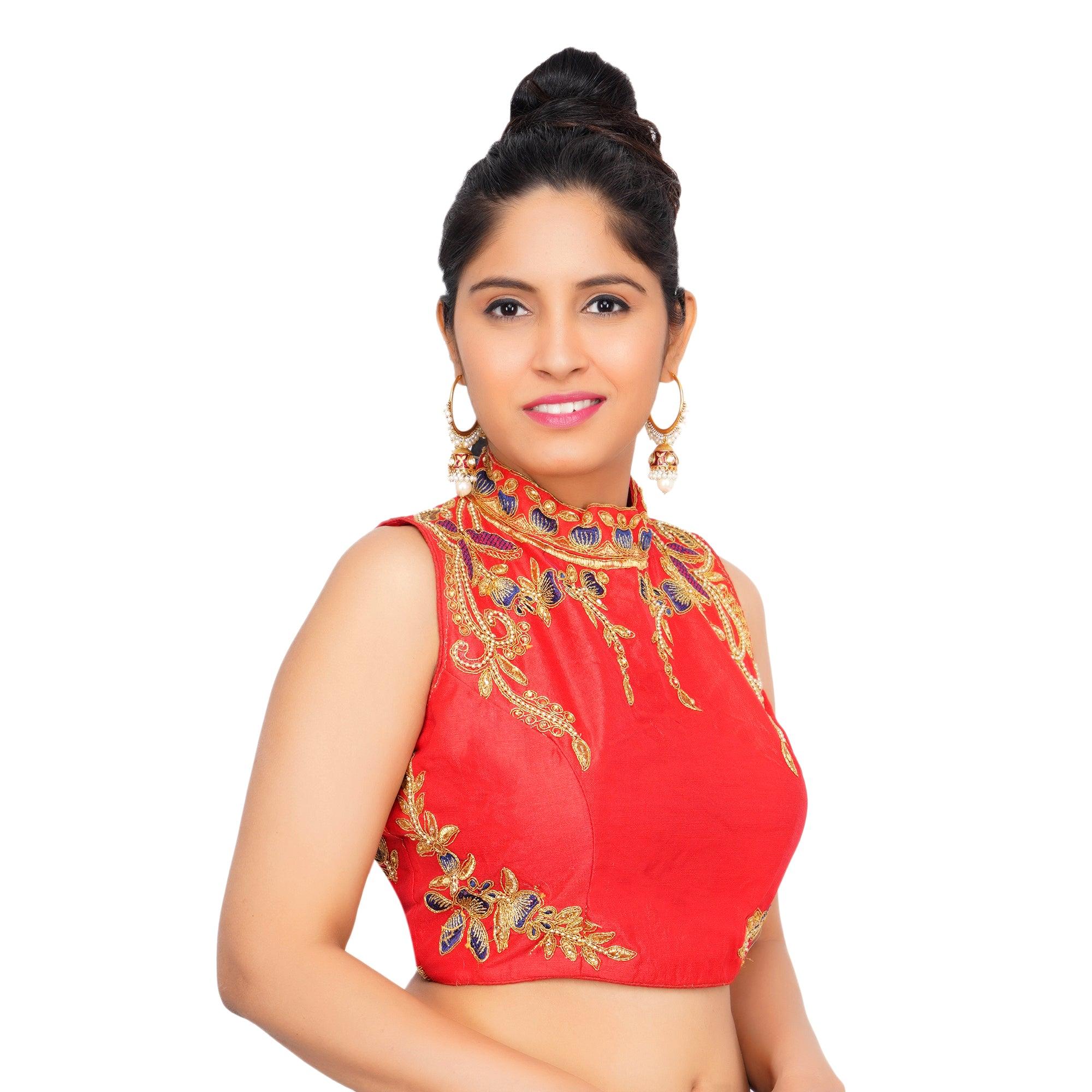 Band Collar Red Women Blouse