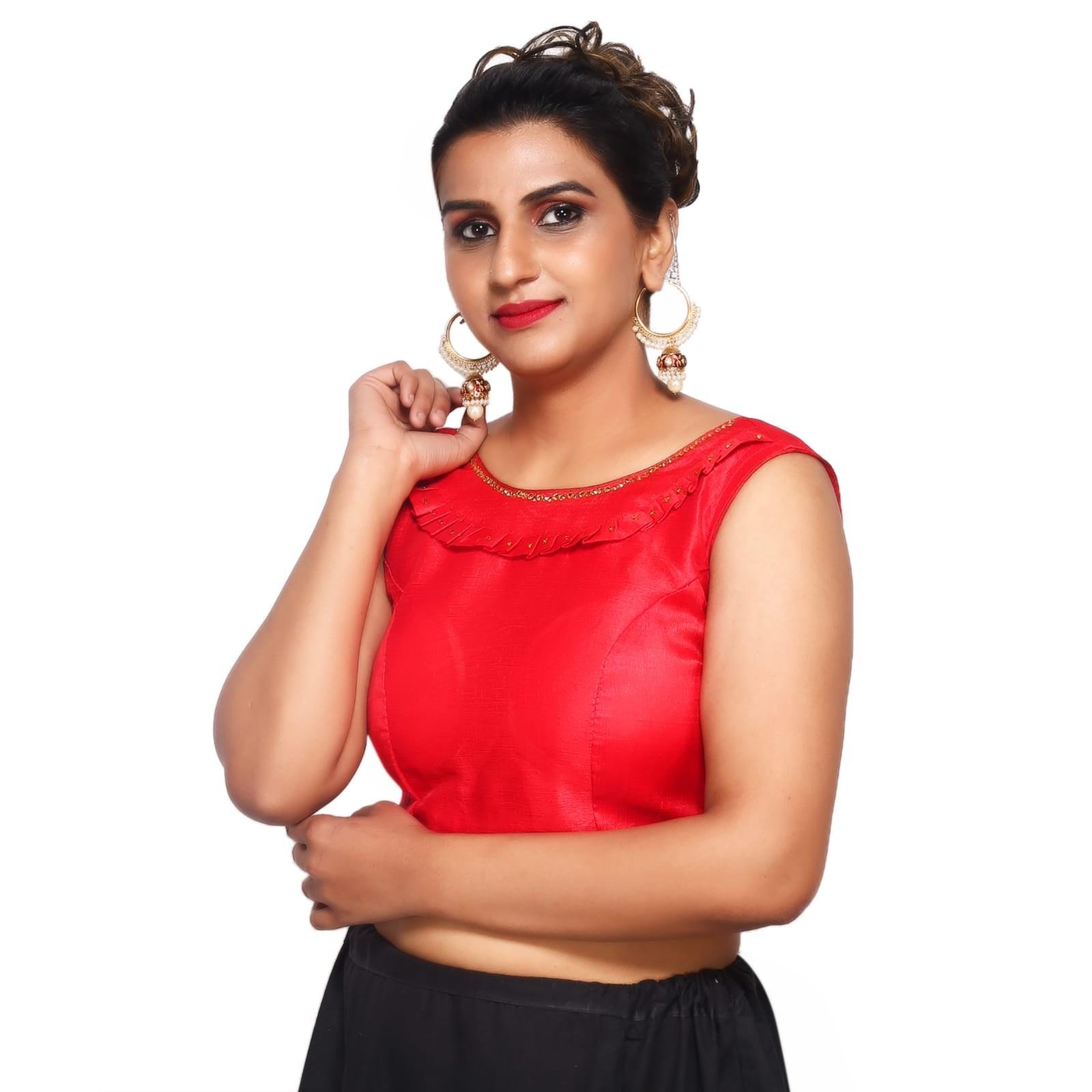 Boat Neck Red Solid Women Blouse