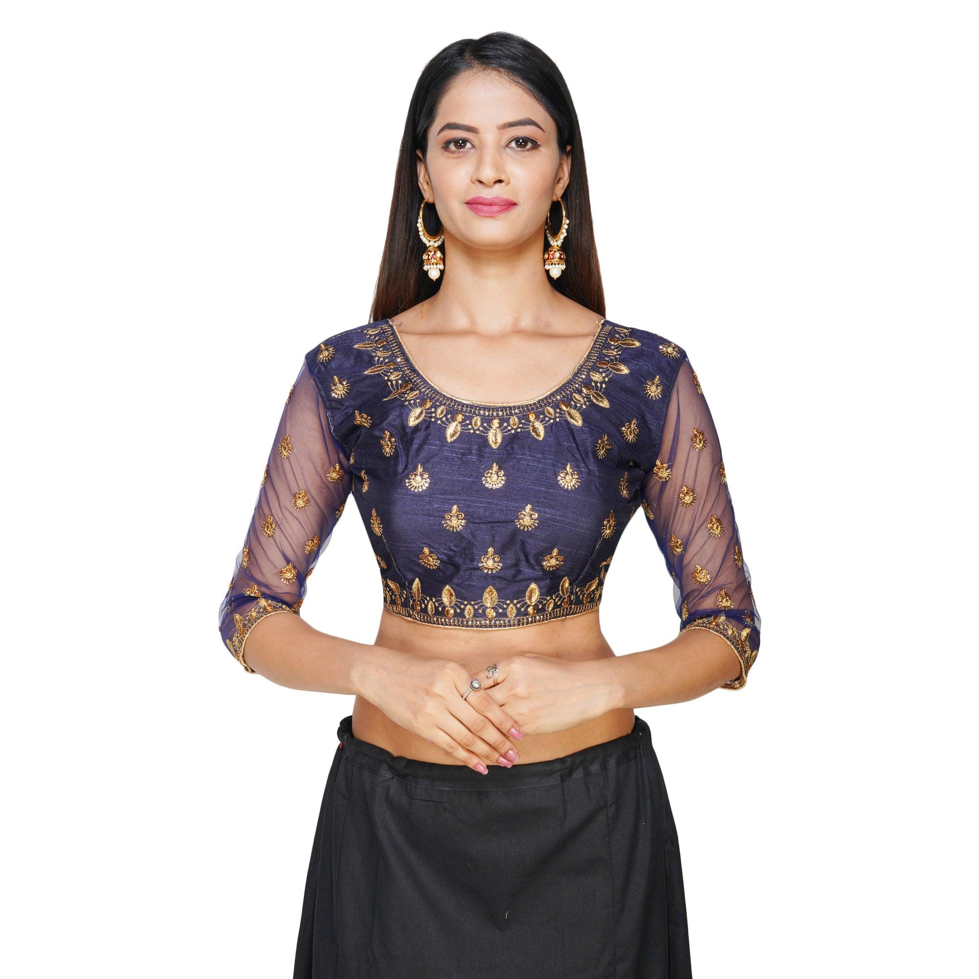 Round Neck Machine Embroidery Navy Blue Women Blouse Navy Blue